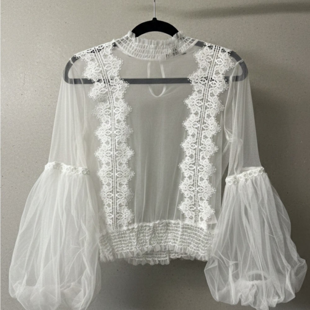 Y2K White Sheer Lace Blouse top with Bell Sleeves large #Boho